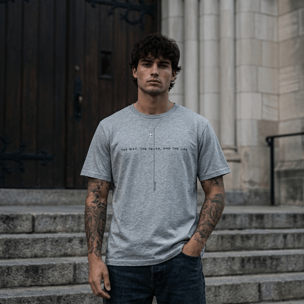 John 14:6 Cross Tee Pink Men's T-Shirt Soulful Faith Christian Apparel & Jewelry