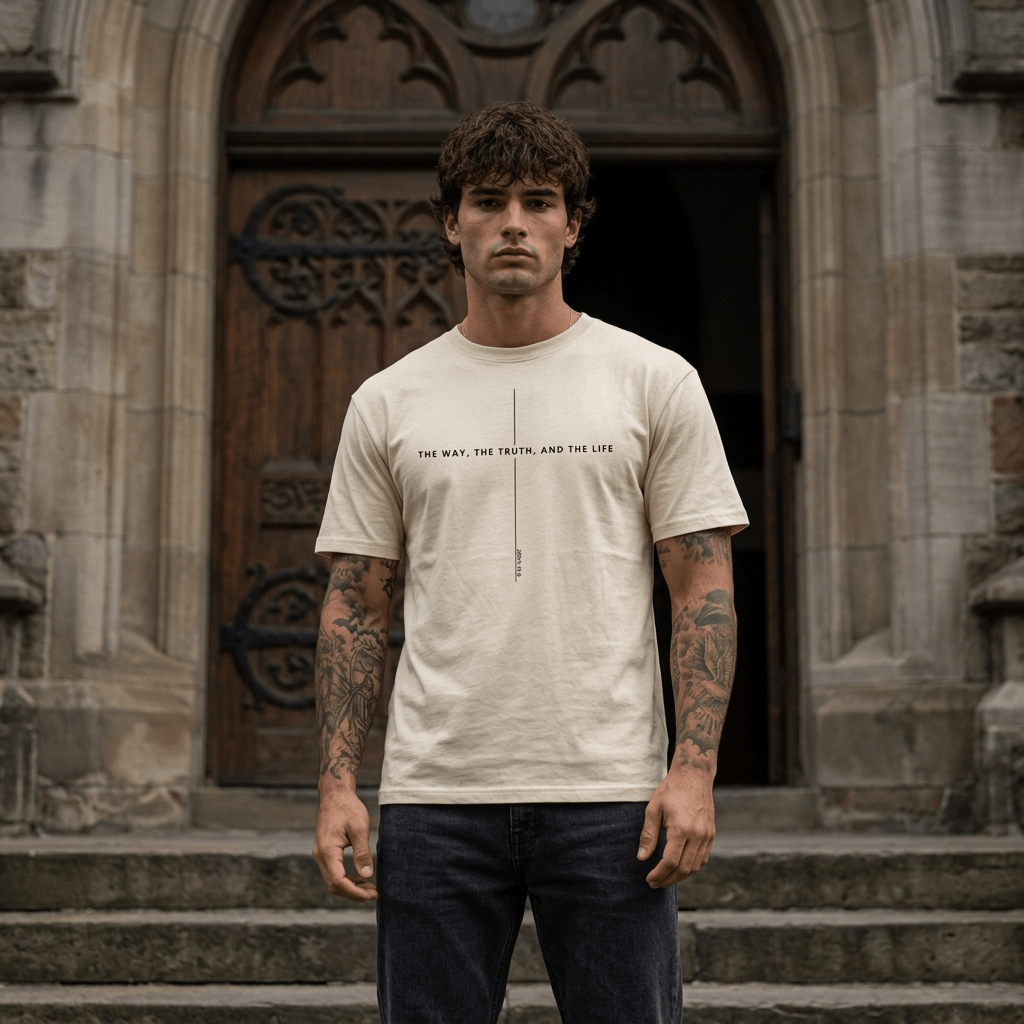 John 14:6 Cross Tee Pink Men's T-Shirt Soulful Faith Christian Apparel & Jewelry