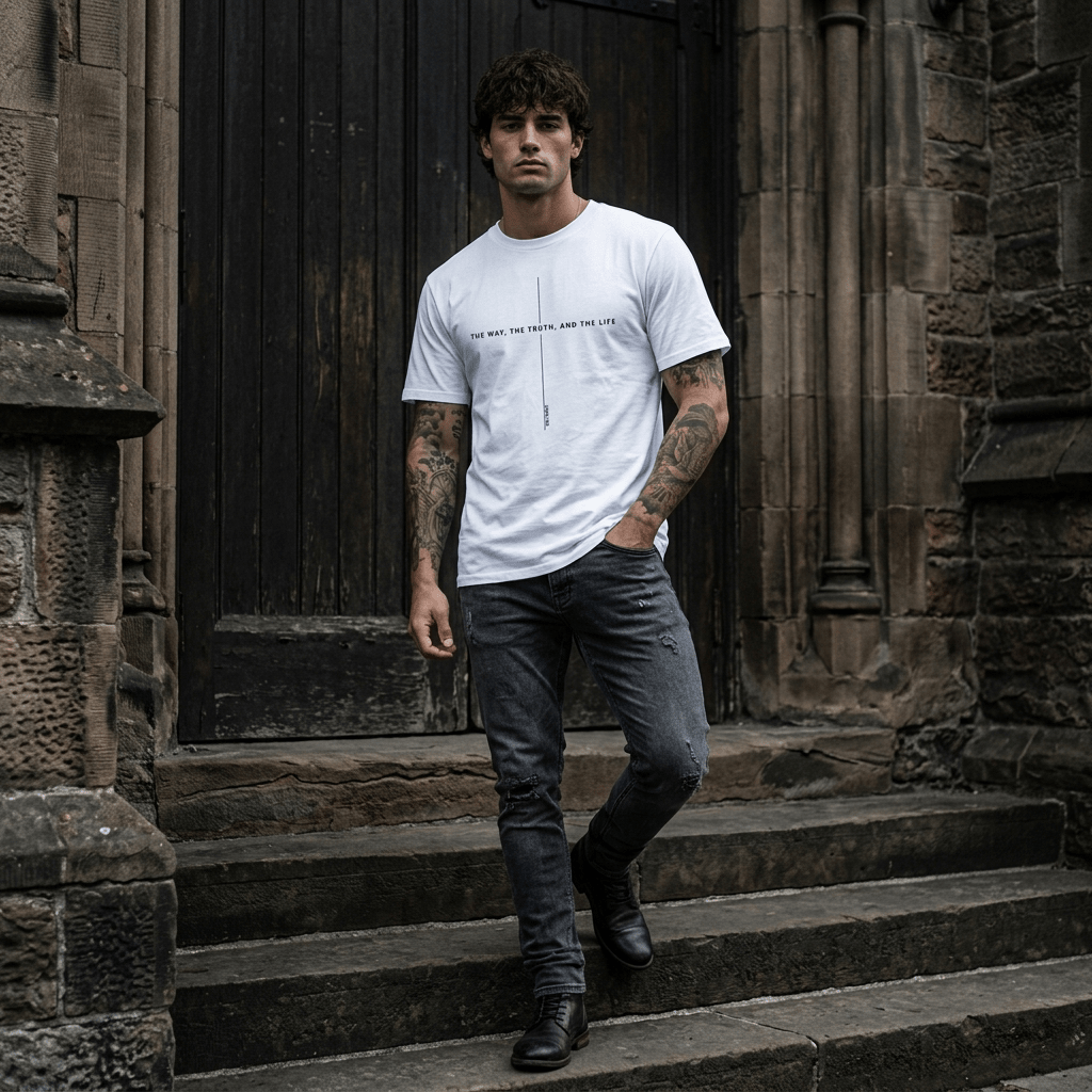 John 14:6 Cross Tee Pink Men's T-Shirt Soulful Faith Christian Apparel & Jewelry