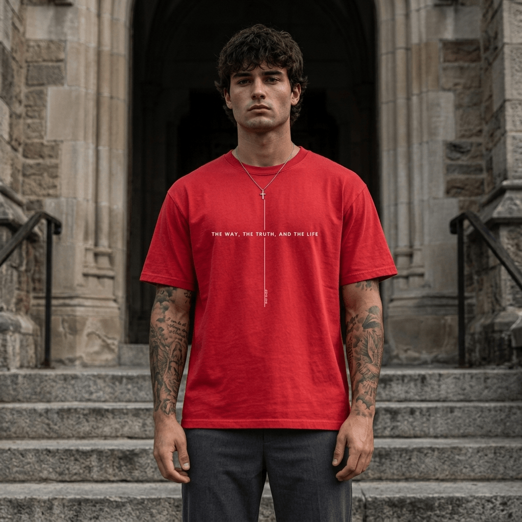 John 14:6 Cross Tee Pink Men's T-Shirt Soulful Faith Christian Apparel & Jewelry