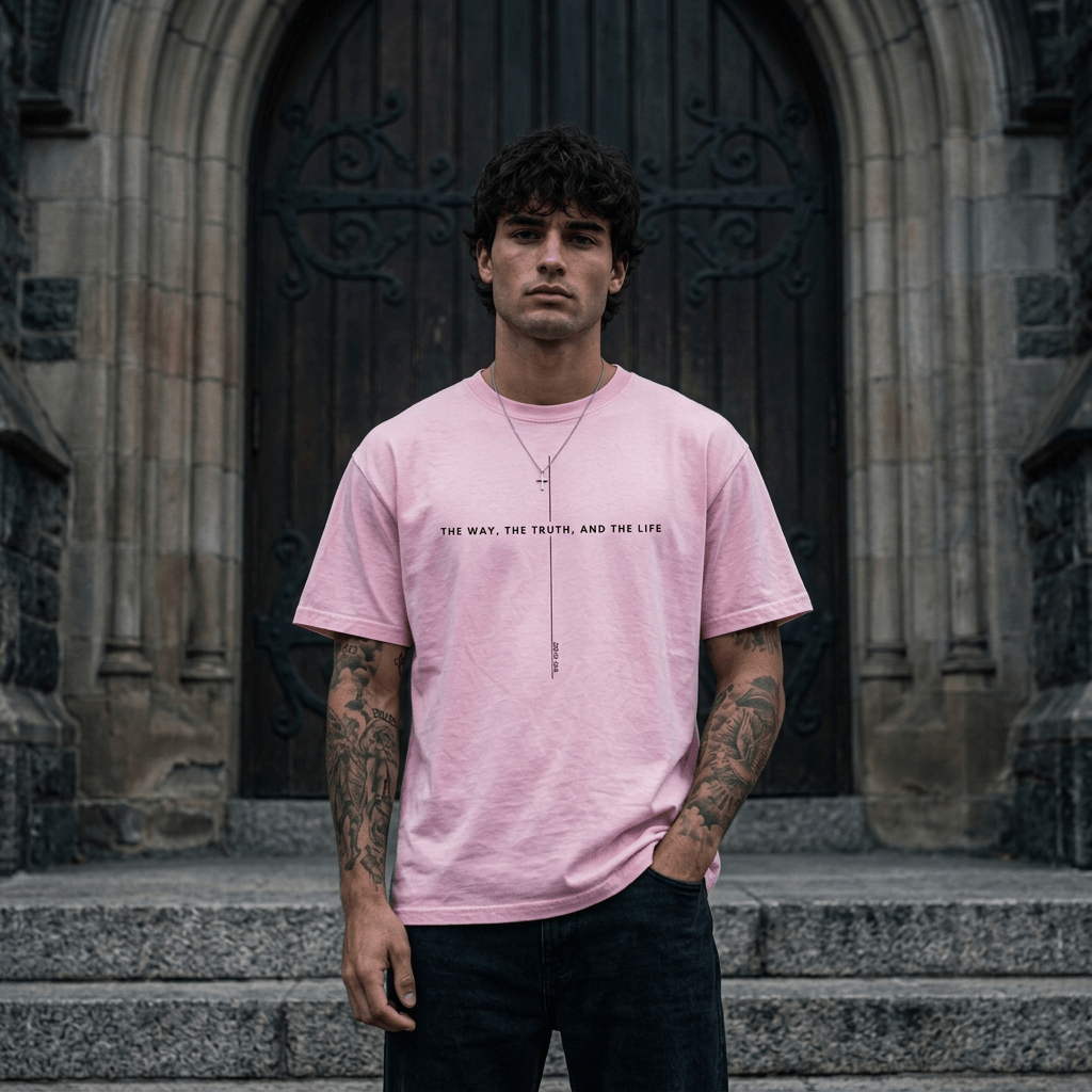John 14:6 Cross Tee Pink Men's T-Shirt Soulful Faith Christian Apparel & Jewelry