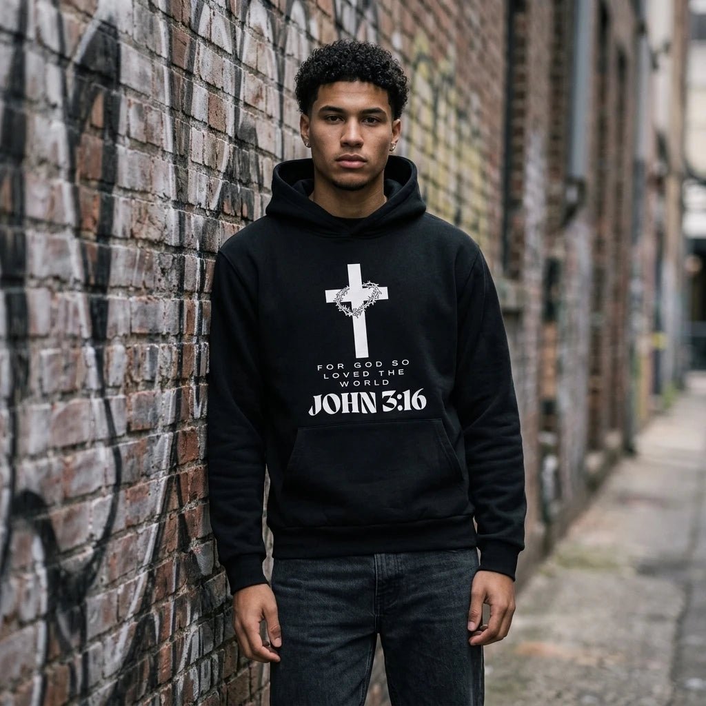 John 3:16 Hoodie Black Men's Hoodie Soulful Faith Christian Apparel & Jewelry