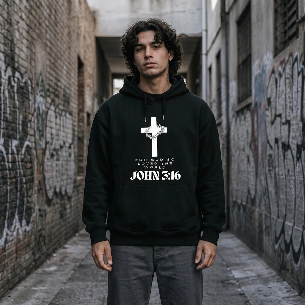 John 3:16 Hoodie Black Men's Hoodie Soulful Faith Christian Apparel & Jewelry