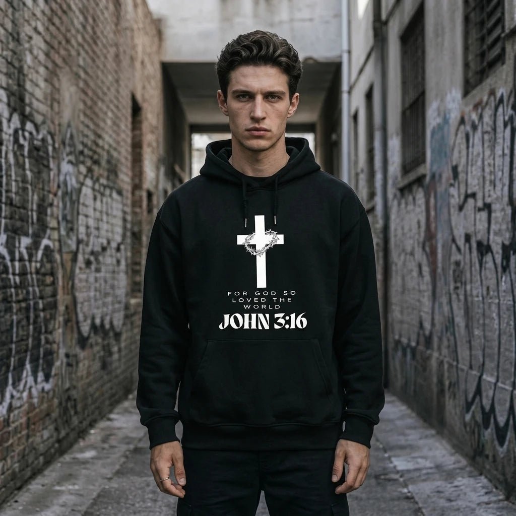 John 3:16 Hoodie Black Men's Hoodie Soulful Faith Christian Apparel & Jewelry