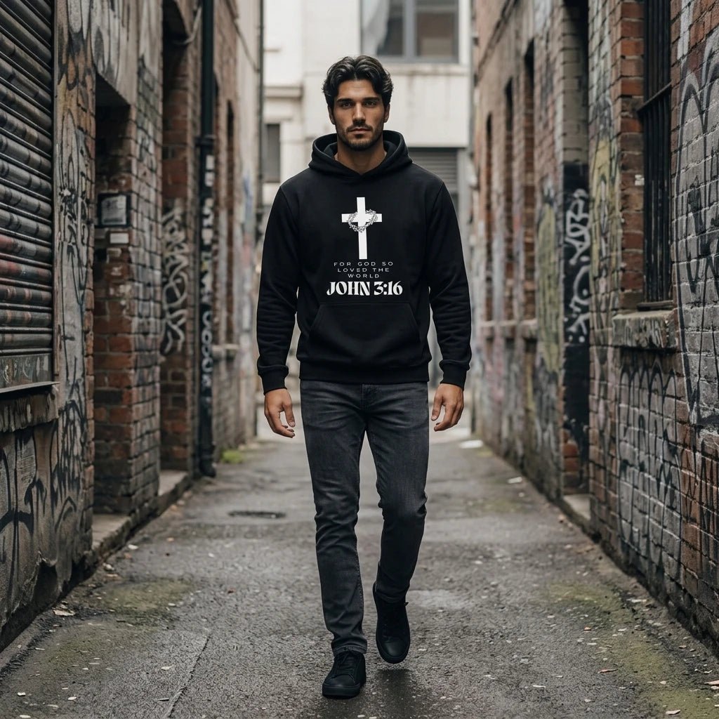 John 3:16 Hoodie Black Men's Hoodie Soulful Faith Christian Apparel & Jewelry