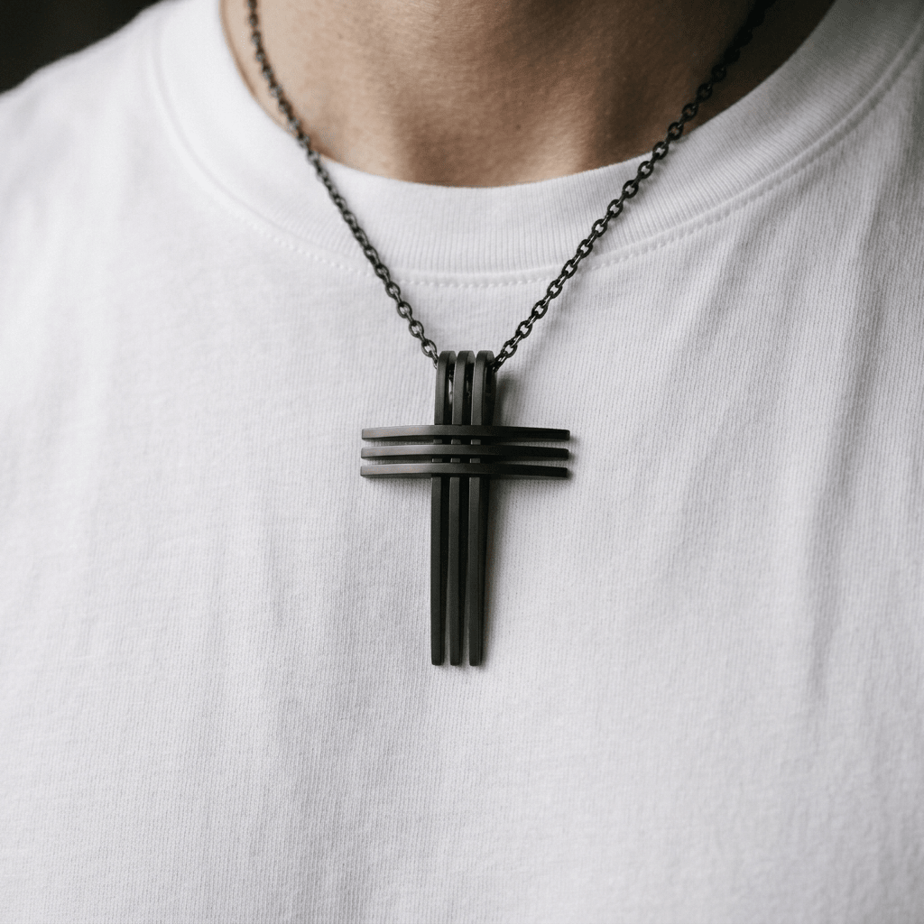 Layered Bar Cross Necklace Black Men's Necklace Soulful Faith Christian Apparel & Jewelry
