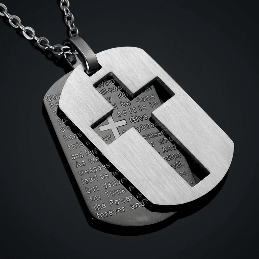 Lord's Prayer Dog Tag Necklace Silver & Black Men's Necklace Soulful Faith Christian Apparel & Jewelry