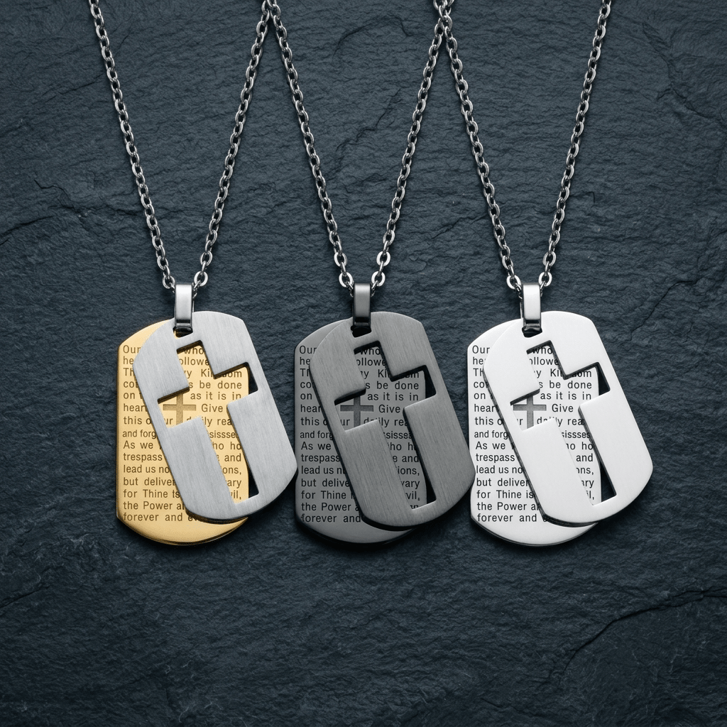 Lord's Prayer Dog Tag Necklace Silver & Gold Men's Necklace Soulful Faith Christian Apparel & Jewelry