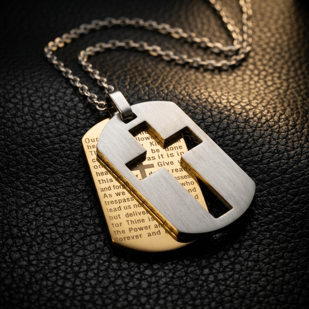 Lord's Prayer Dog Tag Necklace Silver & Gold Men's Necklace Soulful Faith Christian Apparel & Jewelry