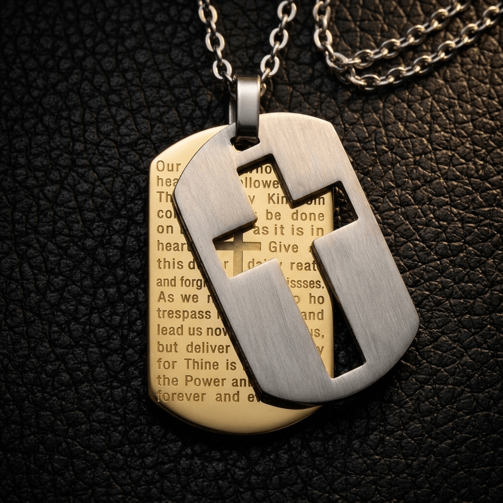 Lord's Prayer Dog Tag Necklace Silver & Gold Men's Necklace Soulful Faith Christian Apparel & Jewelry