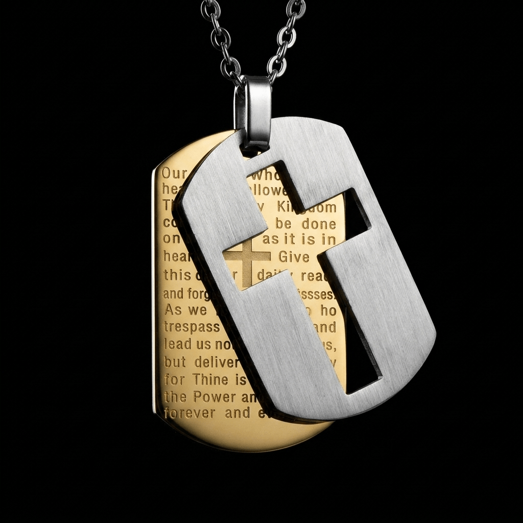 Lord's Prayer Dog Tag Necklace Silver & Gold Men's Necklace Soulful Faith Christian Apparel & Jewelry