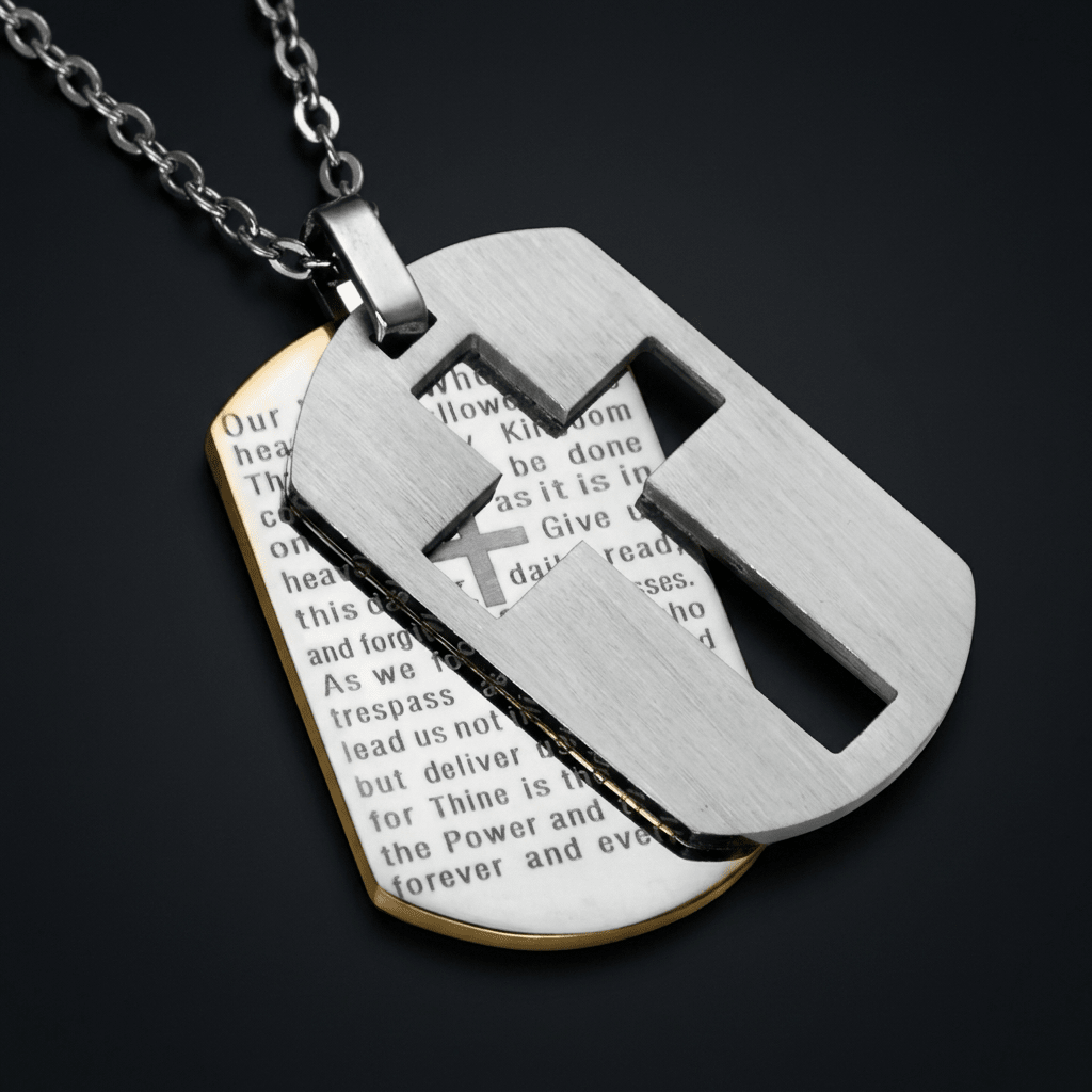 Lord's Prayer Dog Tag Necklace Silver Men's Necklace Soulful Faith Christian Apparel & Jewelry