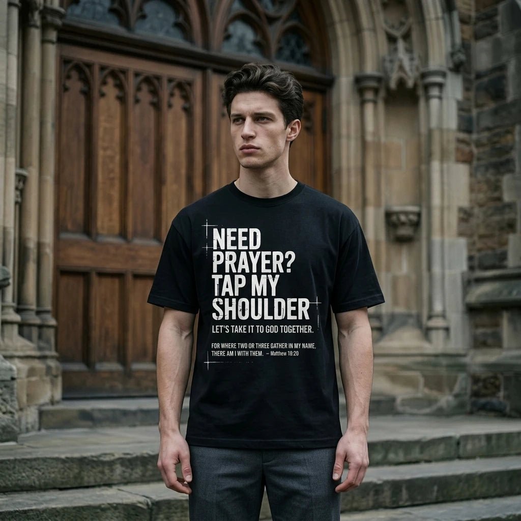 Need Prayer Tap My Shoulder Tee Black Men's T-Shirt Soulful Faith Christian Apparel & Jewelry