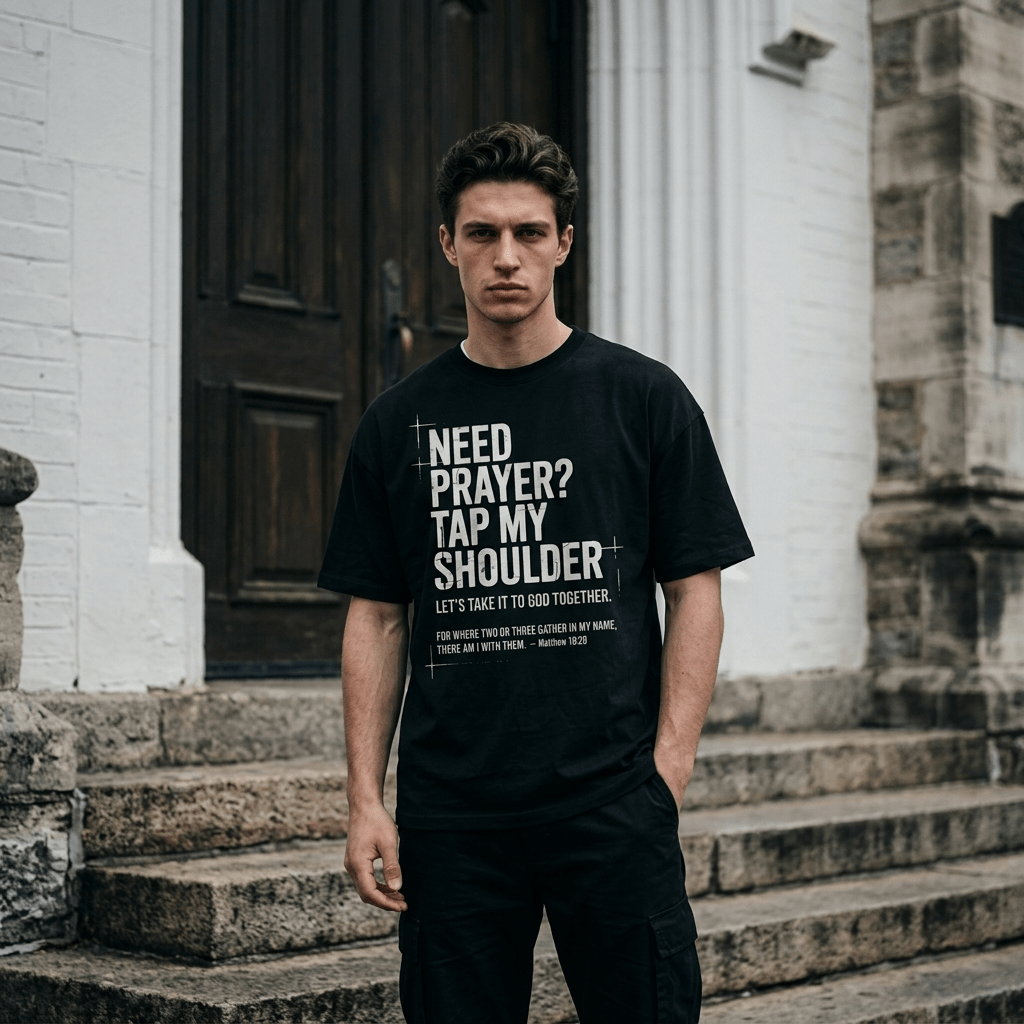 Need Prayer Tap My Shoulder Tee Black Men's T-Shirt Soulful Faith Christian Apparel & Jewelry