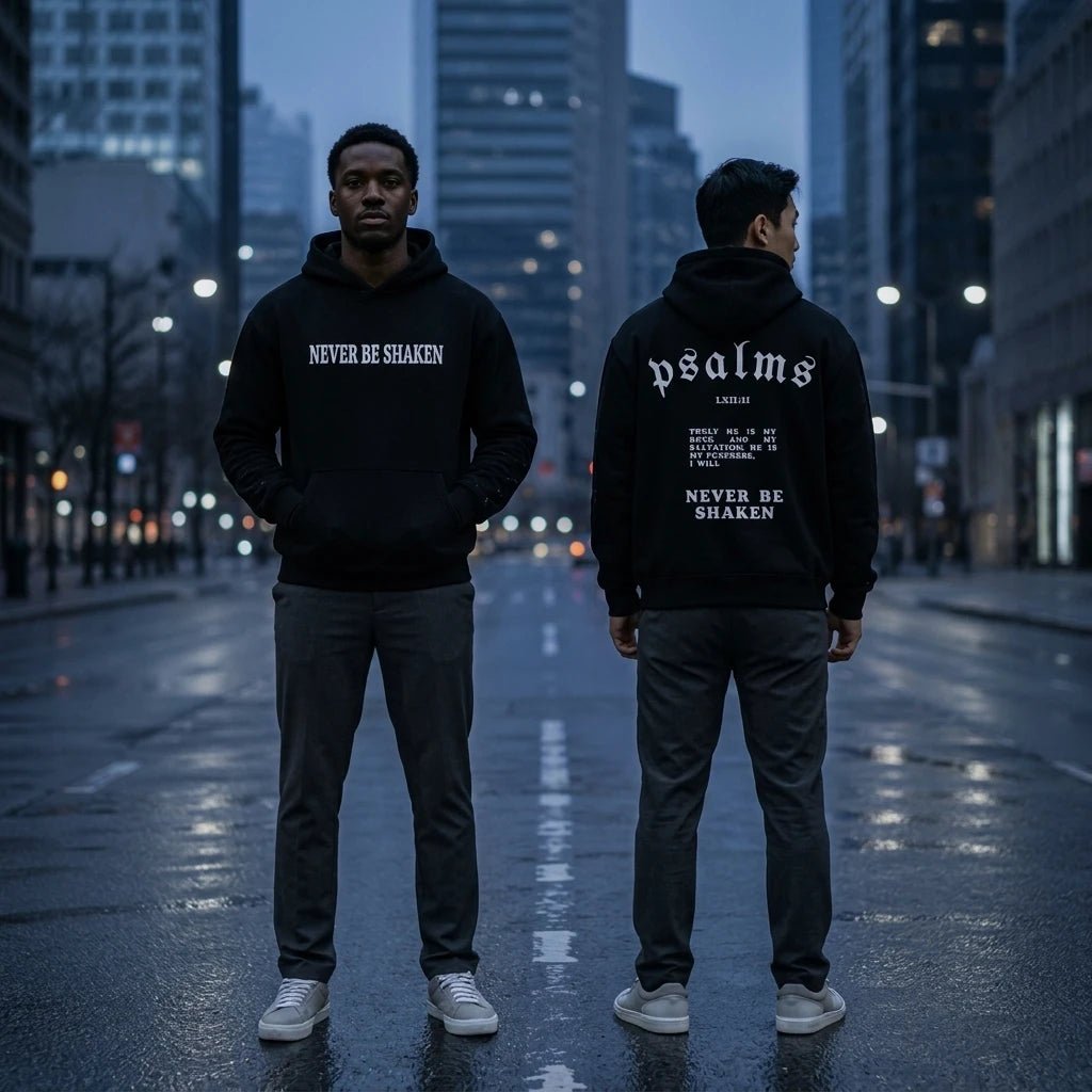 Never Be Shaken Psalm 62:2 Hoodie Black Men's Hoodie Soulful Faith Christian Apparel & Jewelry