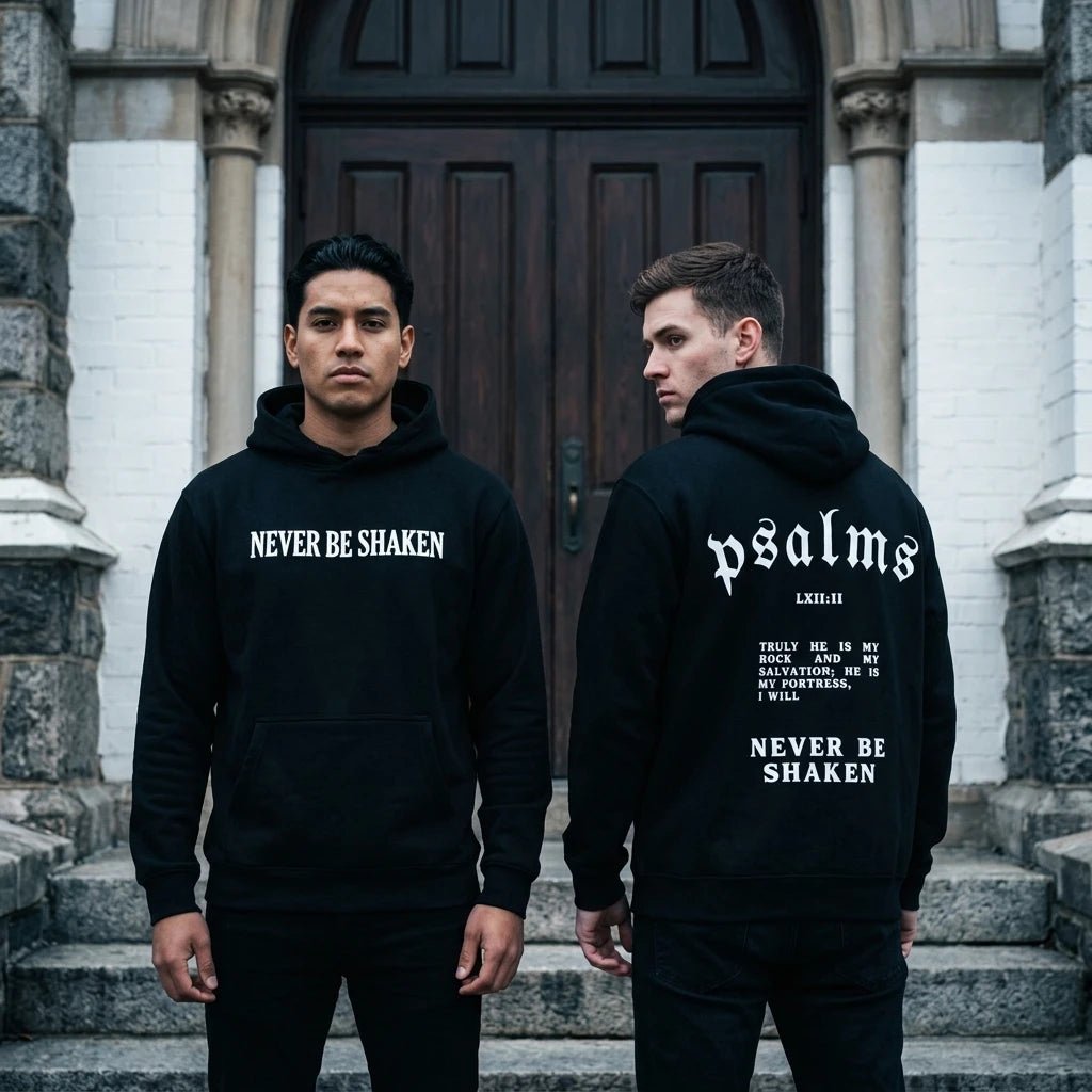 Never Be Shaken Psalm 62:2 Hoodie Black Men's Hoodie Soulful Faith Christian Apparel & Jewelry