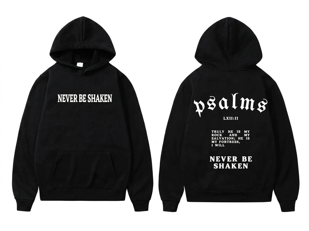 Never Be Shaken Psalm 62:2 Hoodie Black Men's Hoodie Soulful Faith Christian Apparel & Jewelry