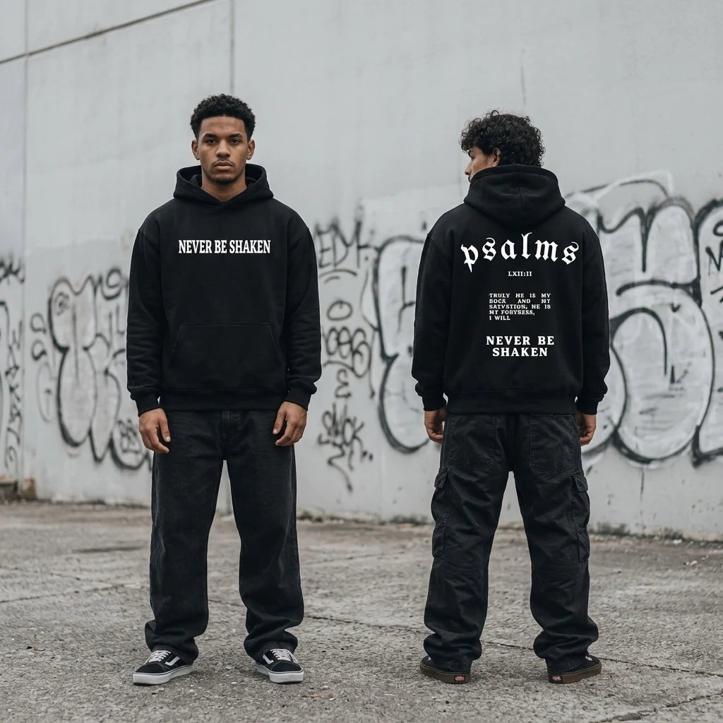 Never Be Shaken Psalm 62:2 Hoodie Black Men's Hoodie Soulful Faith Christian Apparel & Jewelry