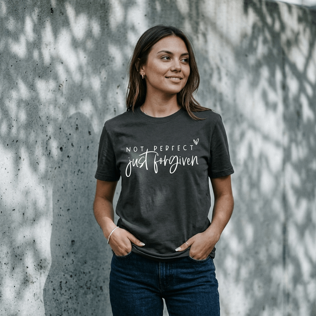 Not Perfect Just Forgiven Tee Dark Gray Women's T-Shirt Soulful Faith Christian Apparel & Jewelry