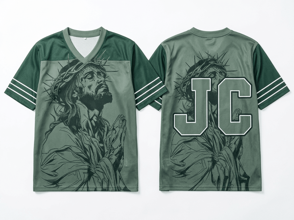 Praying Jesus Y2K V-Neck Tee Green Men's T-Shirt Soulful Faith Christian Apparel & Jewelry