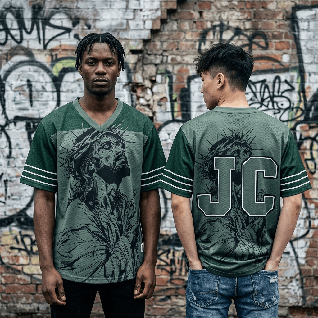 Praying Jesus Y2K V-Neck Tee Green Men's T-Shirt Soulful Faith Christian Apparel & Jewelry