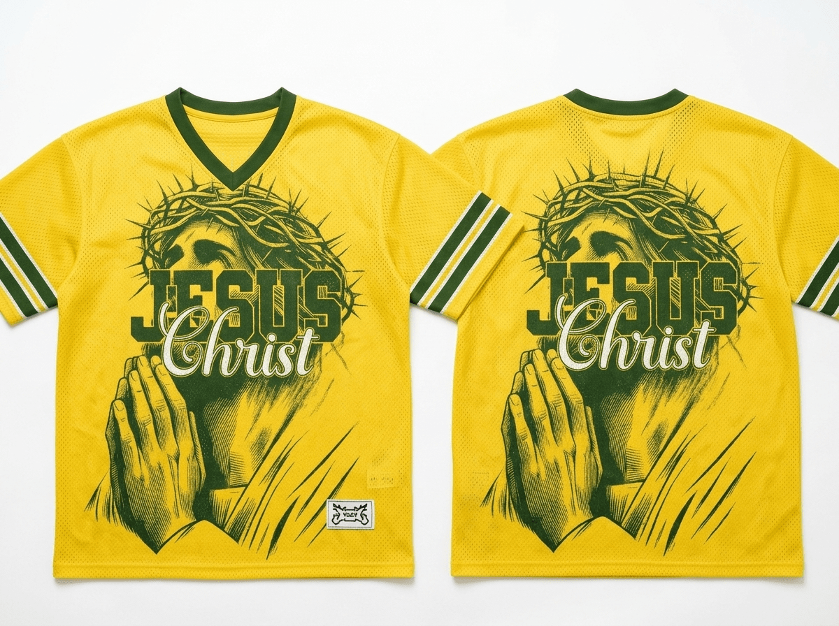 Praying Jesus Y2K V-Neck Tee Yellow Men's T-Shirt Soulful Faith Christian Apparel & Jewelry