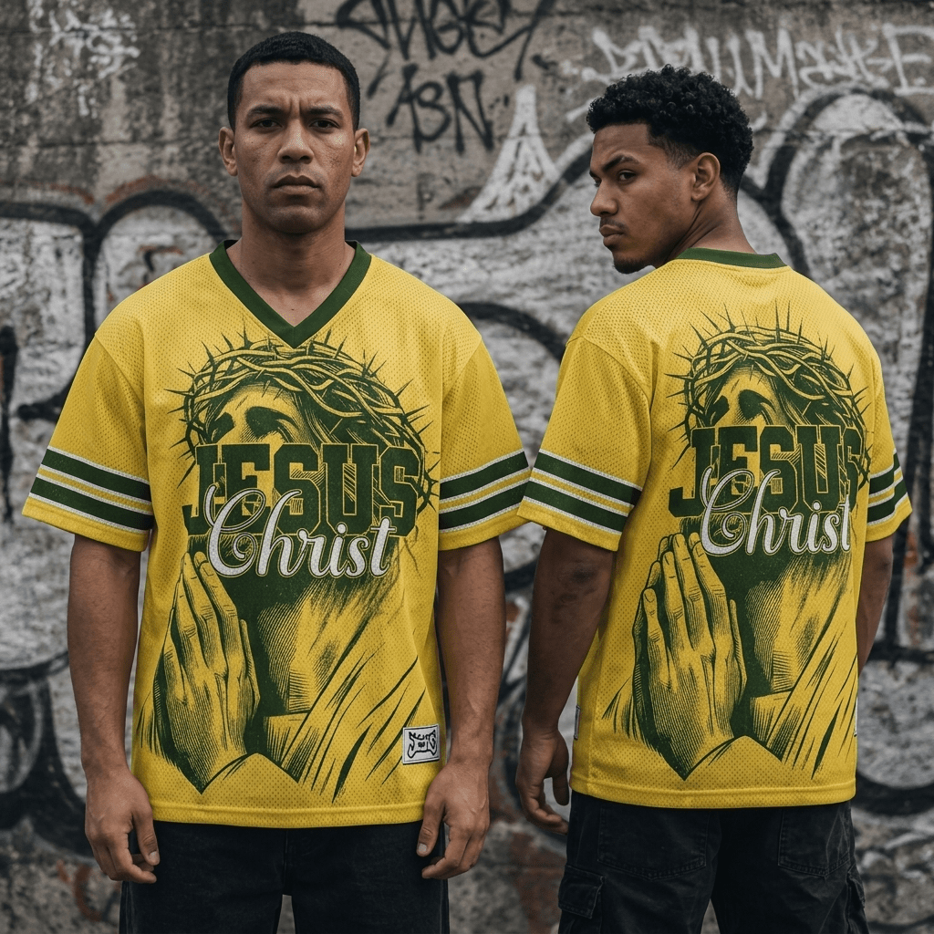 Praying Jesus Y2K V-Neck Tee Yellow Men's T-Shirt Soulful Faith Christian Apparel & Jewelry