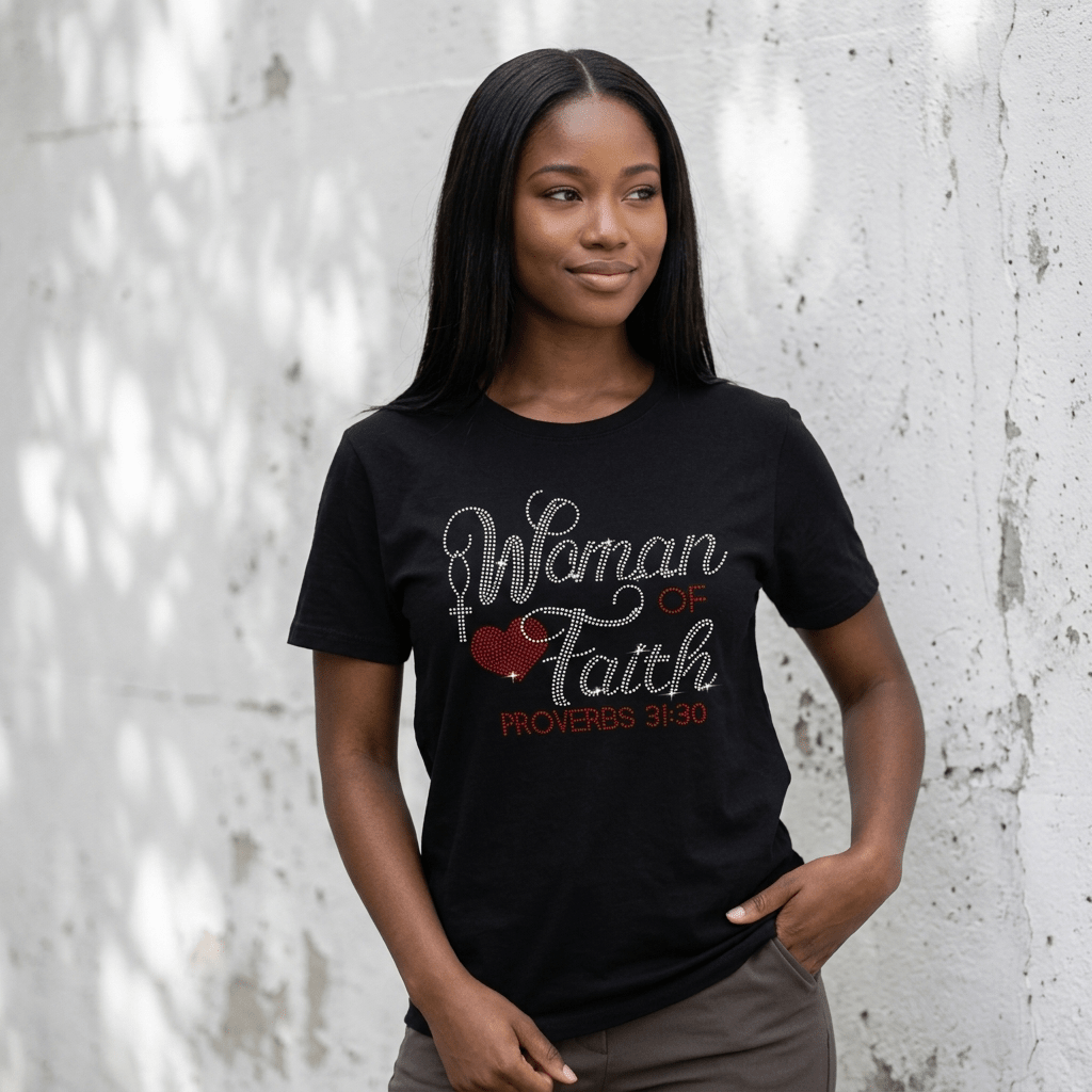 Proverbs 31:30 Rhinestone Tee Black Women's T-Shirt Soulful Faith Christian Apparel & Jewelry