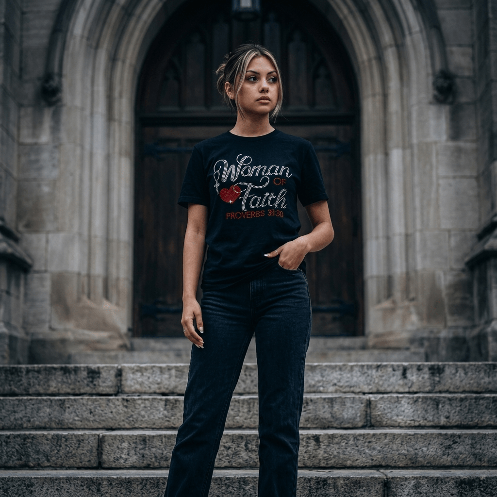 Proverbs 31:30 Rhinestone Tee Black Women's T-Shirt Soulful Faith Christian Apparel & Jewelry