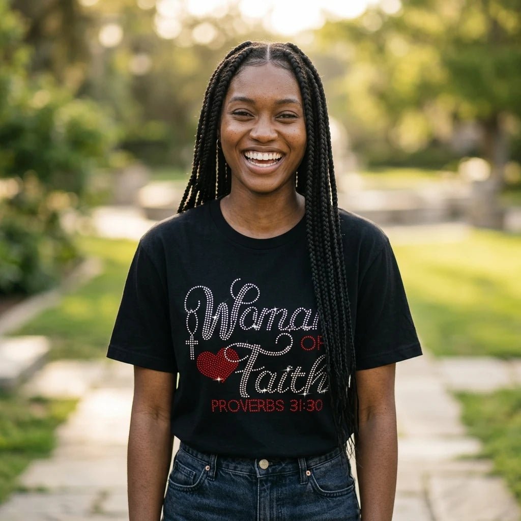 Proverbs 31:30 Rhinestone Tee Black Women's T-Shirt Soulful Faith Christian Apparel & Jewelry