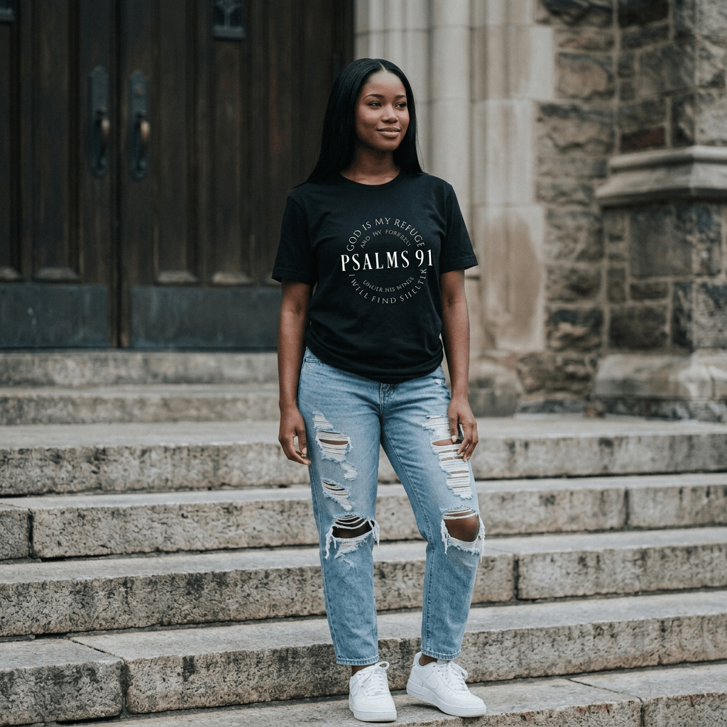Psalm 91 Tee White Women's T-Shirt Soulful Faith Christian Apparel & Jewelry
