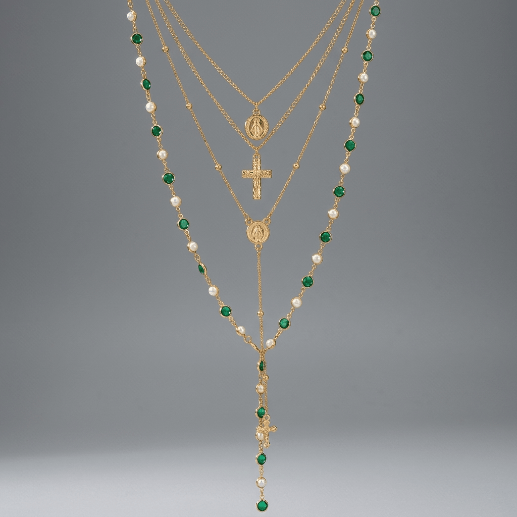 Pearl Rosary Cross Necklace Gold & Green Women's Necklace Soulful Faith Christian Apparel & Jewelry