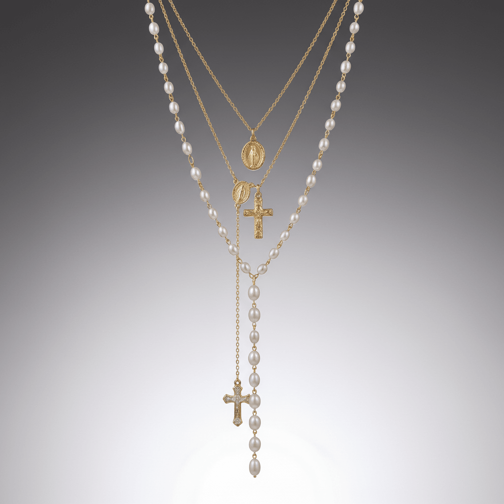Pearl Rosary Cross Necklace Gold Women's Necklace Soulful Faith Christian Apparel & Jewelry