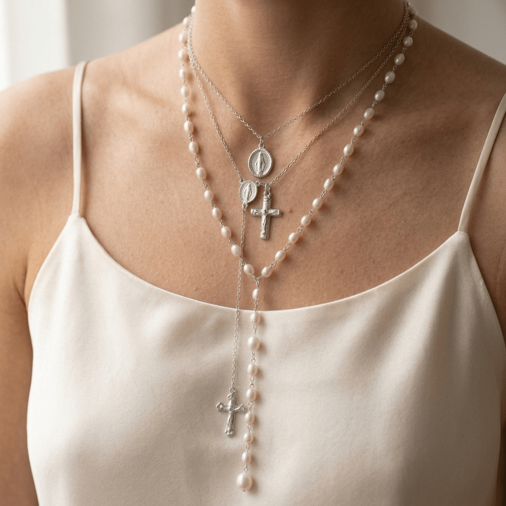 Pearl Rosary Cross Necklace Gold Women's Necklace Soulful Faith Christian Apparel & Jewelry