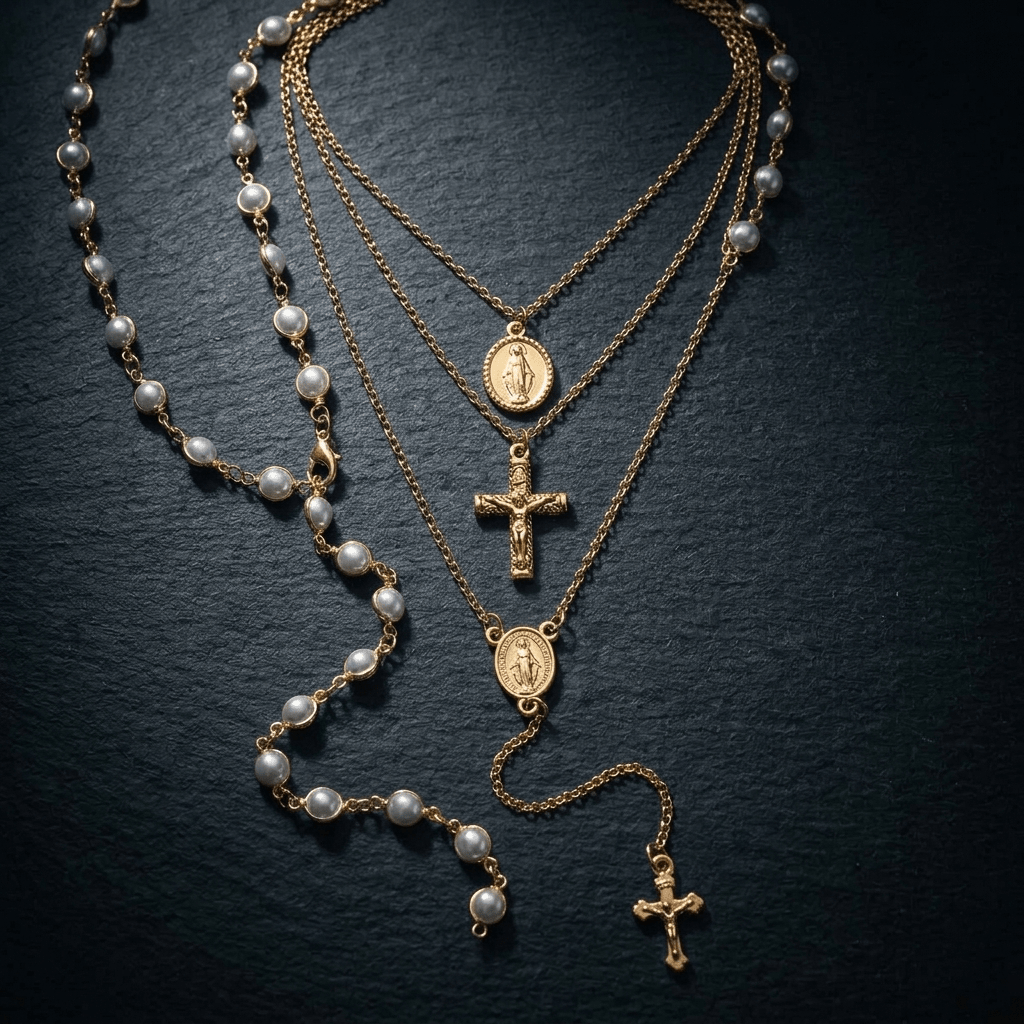 Pearl Rosary Cross Necklace Gold Women's Necklace Soulful Faith Christian Apparel & Jewelry