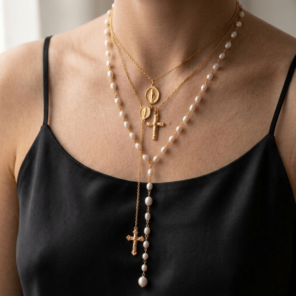 Pearl Rosary Cross Necklace Gold Women's Necklace Soulful Faith Christian Apparel & Jewelry