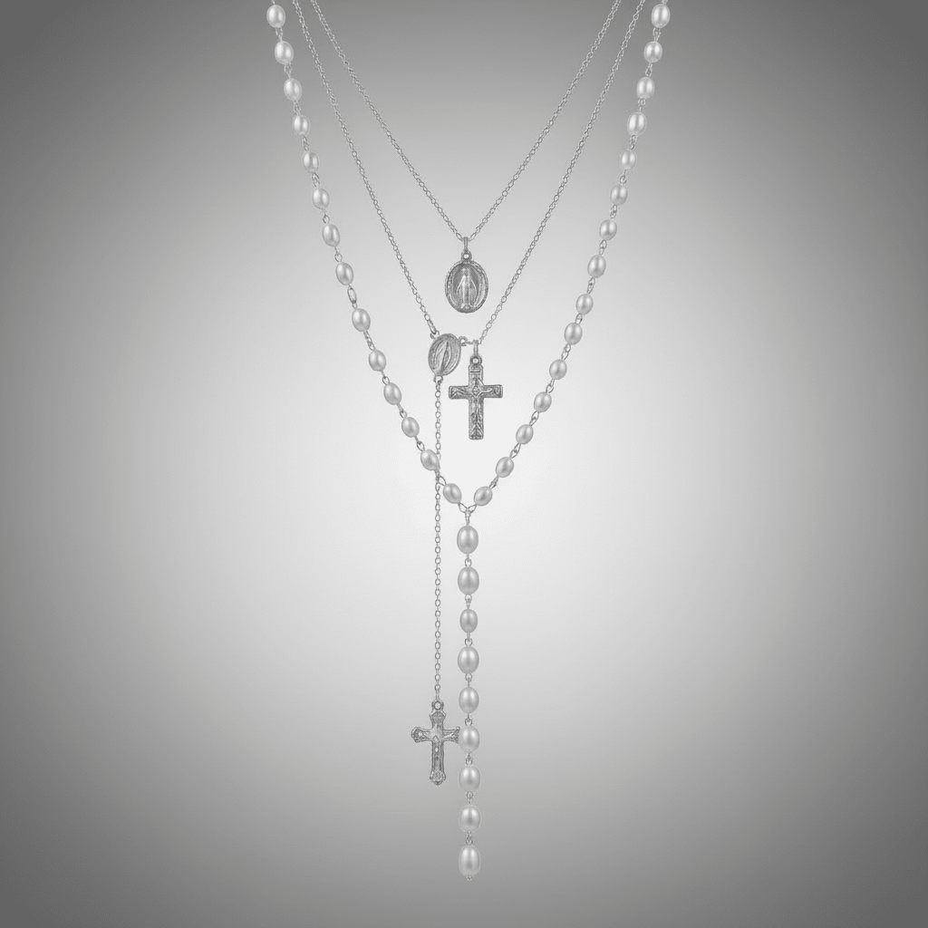 Pearl Rosary Cross Necklace Silver Women's Necklace Soulful Faith Christian Apparel & Jewelry