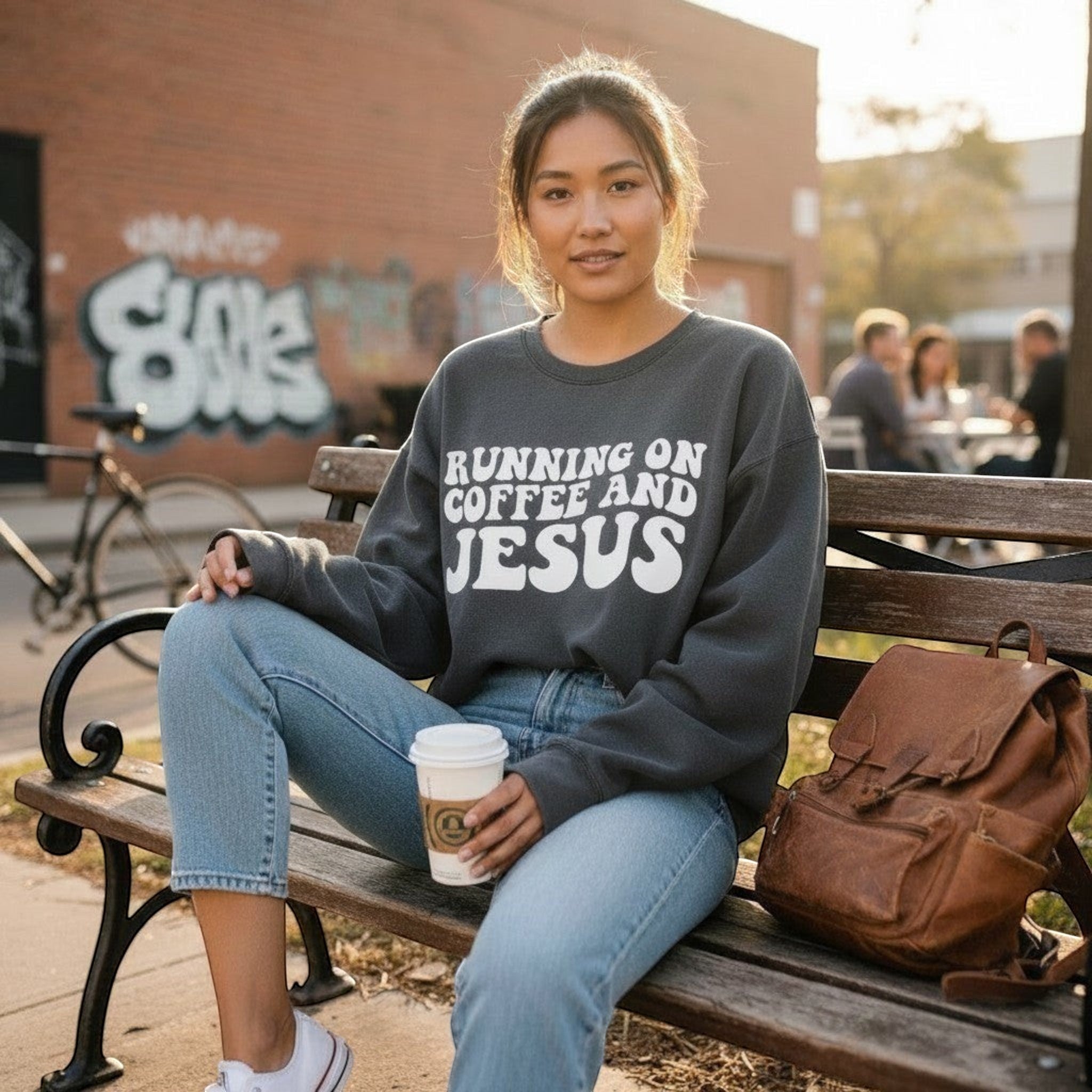 Running on Coffee & Jesus Sweatshirt Espresso Women's Sweatshirt Soulful Faith Christian Apparel & Jewelry