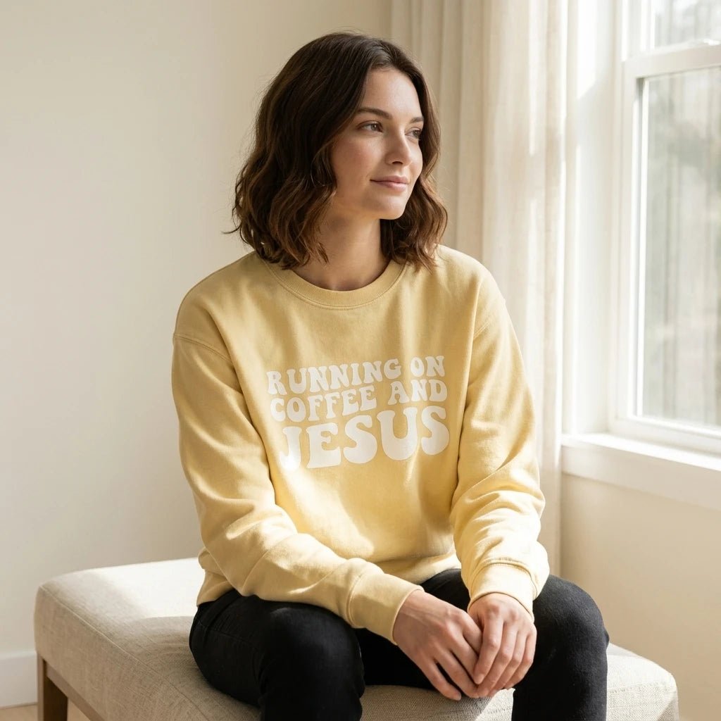 Running on Coffee & Jesus Sweatshirt Espresso Women's Sweatshirt Soulful Faith Christian Apparel & Jewelry