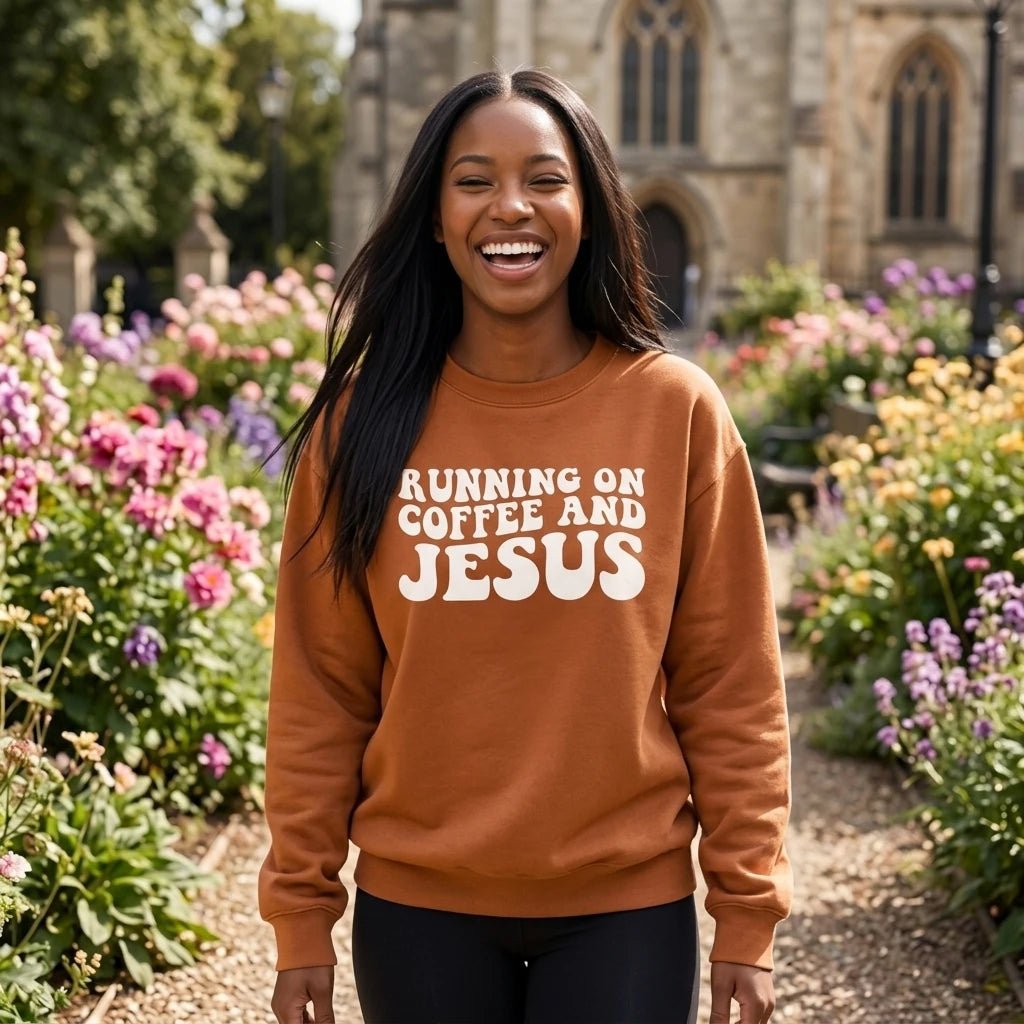 Running on Coffee & Jesus Sweatshirt Espresso Women's Sweatshirt Soulful Faith Christian Apparel & Jewelry