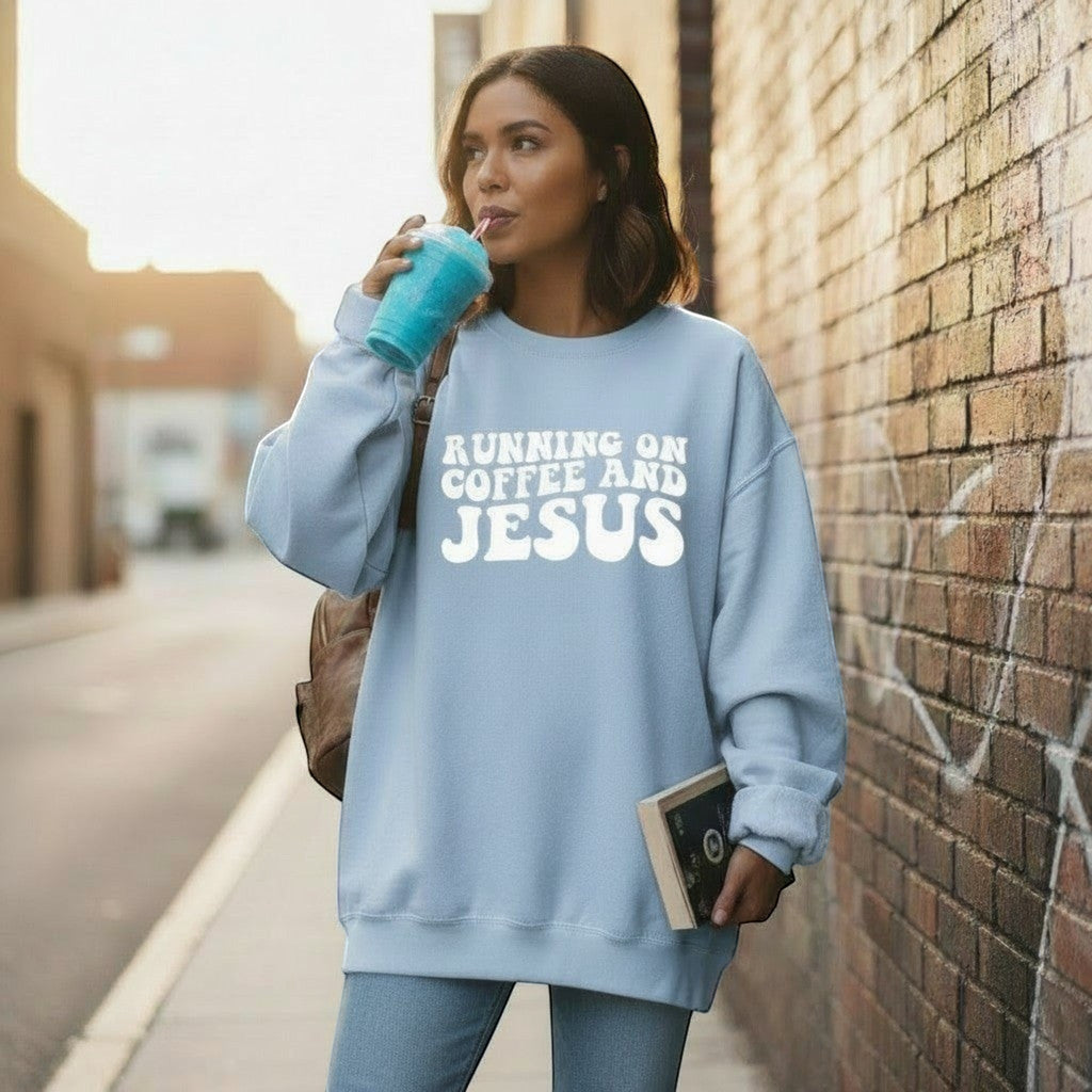 Running on Coffee & Jesus Sweatshirt Espresso Women's Sweatshirt Soulful Faith Christian Apparel & Jewelry