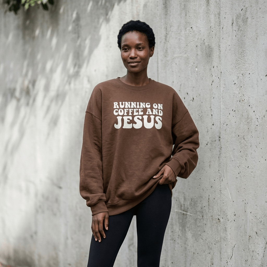 Running on Coffee & Jesus Sweatshirt Espresso Women's Sweatshirt Soulful Faith Christian Apparel & Jewelry