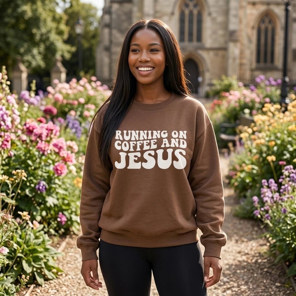 Running on Coffee & Jesus Sweatshirt Espresso Women's Sweatshirt Soulful Faith Christian Apparel & Jewelry