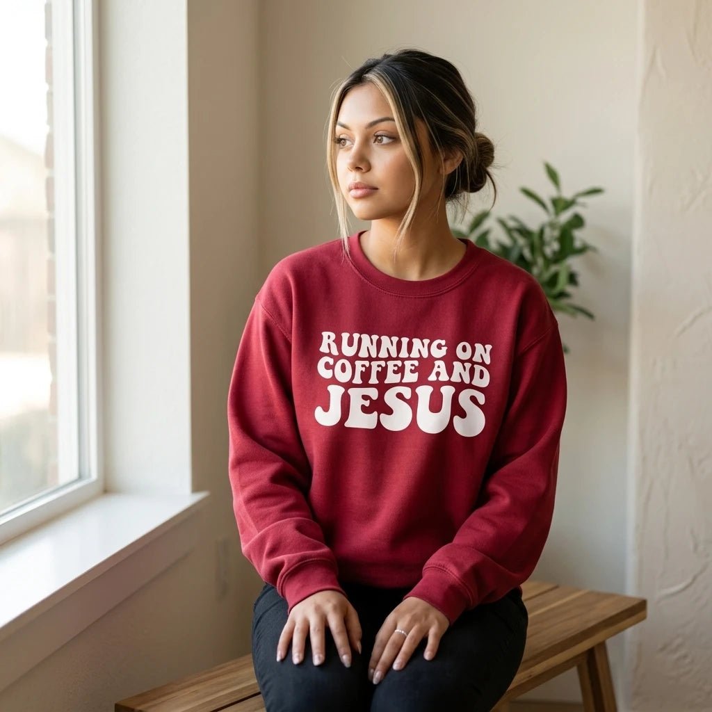 Running on Coffee & Jesus Sweatshirt Espresso Women's Sweatshirt Soulful Faith Christian Apparel & Jewelry