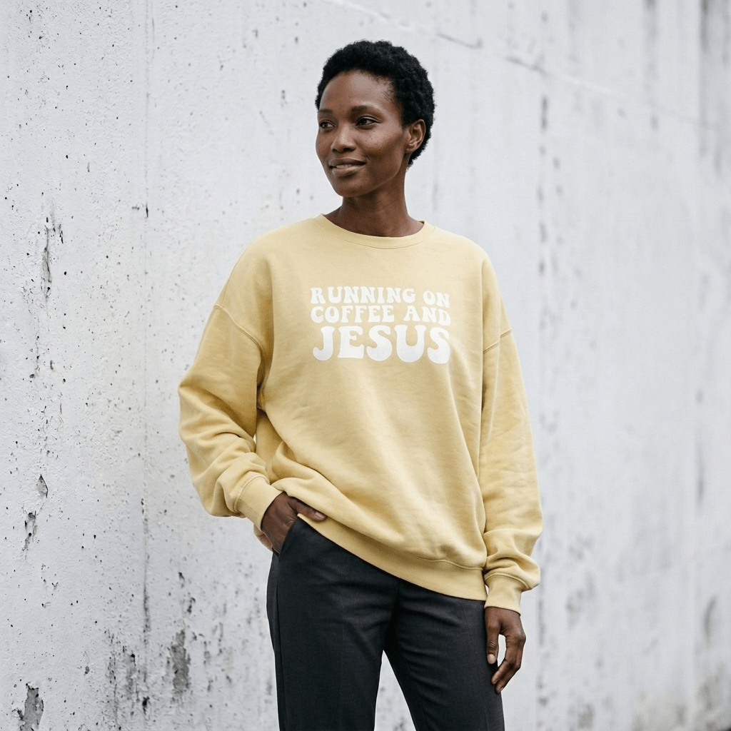 Running on Coffee & Jesus Sweatshirt Espresso Women's Sweatshirt Soulful Faith Christian Apparel & Jewelry
