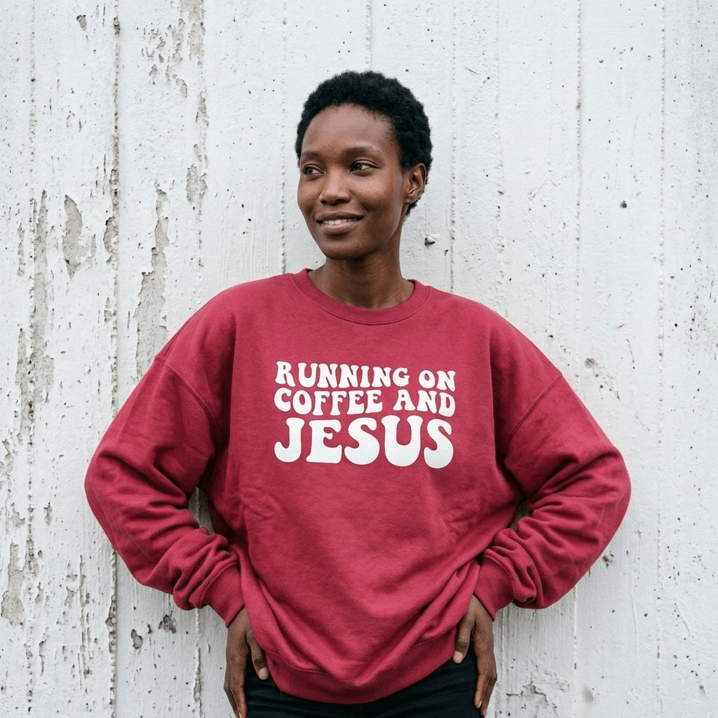 Running on Coffee & Jesus Sweatshirt Espresso Women's Sweatshirt Soulful Faith Christian Apparel & Jewelry