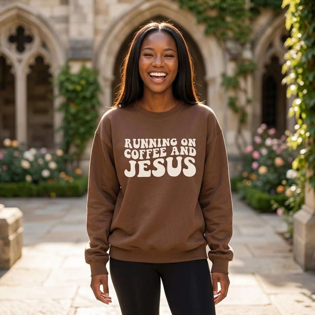 Running on Coffee & Jesus Sweatshirt Espresso Women's Sweatshirt Soulful Faith Christian Apparel & Jewelry