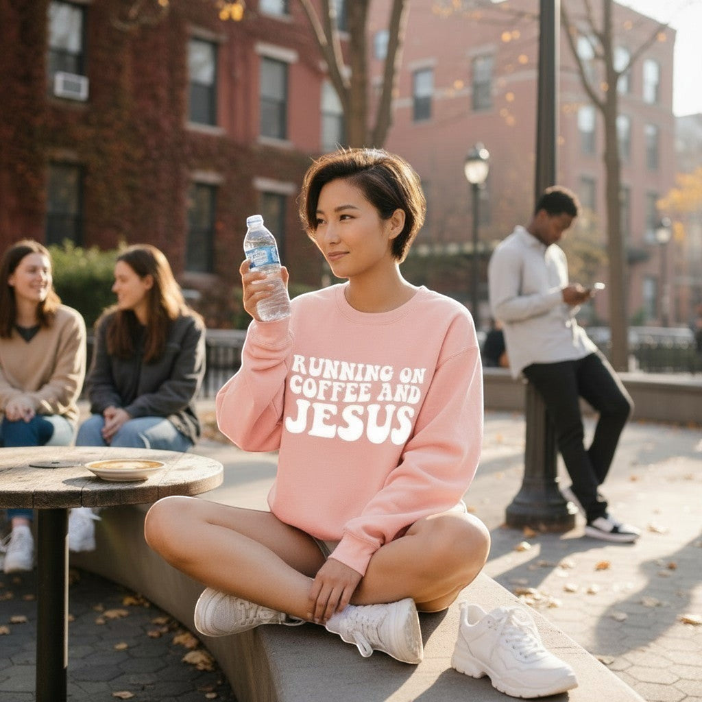 Running on Coffee & Jesus Sweatshirt Peachy Women's Sweatshirt Soulful Faith Christian Apparel & Jewelry