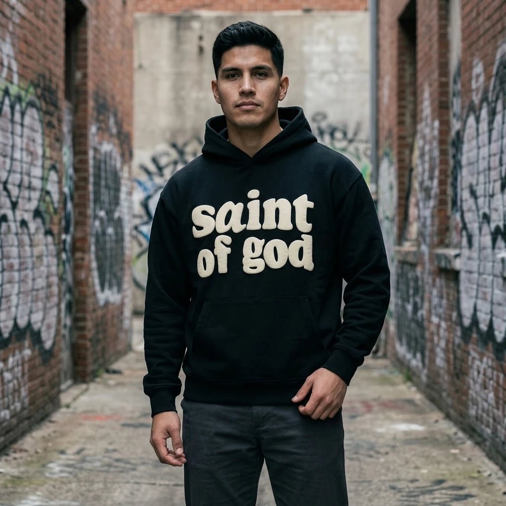 Saint of God Heavyweight Hoodie Black Men's Hoodie Soulful Faith Christian Apparel & Jewelry