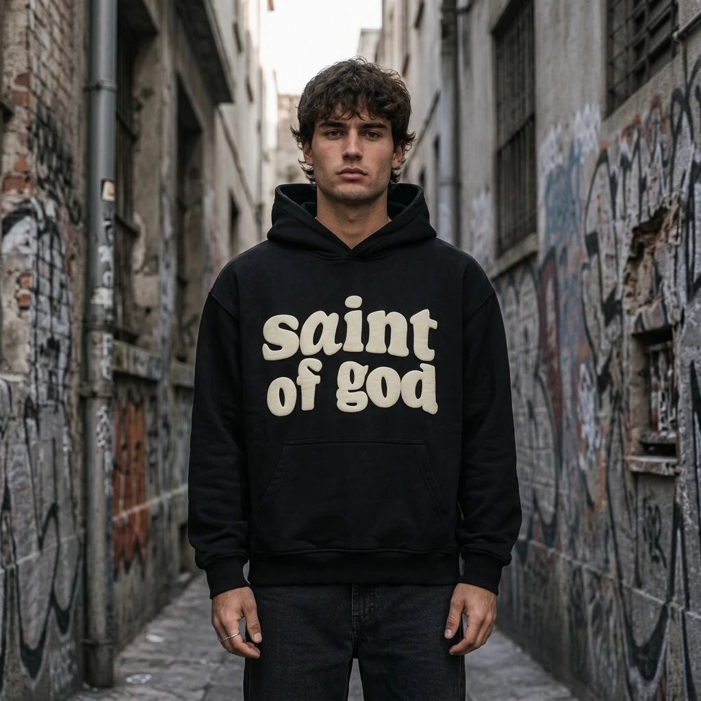 Saint of God Heavyweight Hoodie Black Men's Hoodie Soulful Faith Christian Apparel & Jewelry